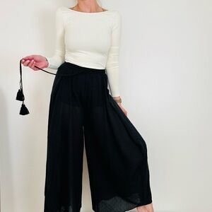 TRYB Black Boho Wide Leg Flare Sheer Pants 100% Organic Bamboo Tassels